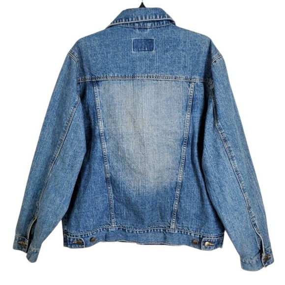Lee Wrangler Trucker Denim Jacket Mens M Blue Faded Distressed LM45128 Fits L - Picture 5 of 12